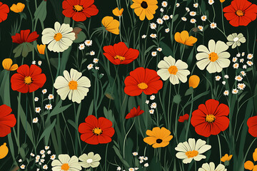 Obraz premium A vibrant floral pattern featuring various colorful flowers on a dark background.