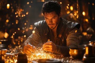Vulcan shaping a massive chain for the gods, with sparks flying and the glowing metal illuminating his workshop