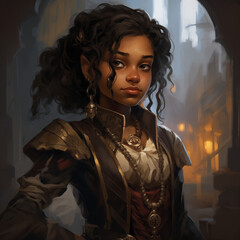 Portrait of a female gnome wizard with a dark complexion in a city from a fantasy world.