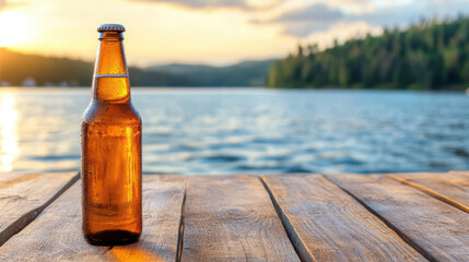 beer bottle on wooden table with scenic lake view at sunset