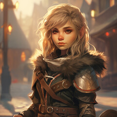 Portrait of a female gnome warrior in a mountain from a fantasy world.