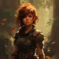 Portrait of a female gnome in a forest from a fantasy world.