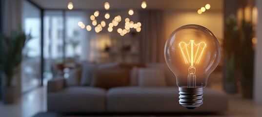 A banner featuring a smart light bulb with a glowing effect, with copyspace on the top and a modern home setting in the background 