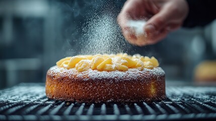 Pastry chef dusting lemon cake with powdered sugar