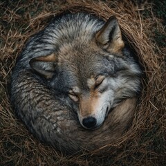 Fototapeta premium A top-down view of a sleeping wolf curled into a ball.