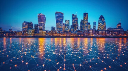 Illuminated cityscape skyline reflected in water with digital network overlay.