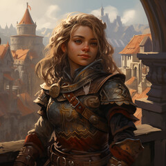 Portrait of a female gnome in a city from a fantasy world.