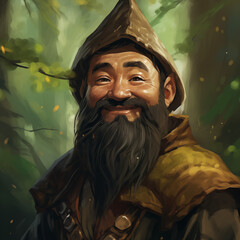 Portrait of a medium-complexion male gnome in a forest from a fantasy world.
