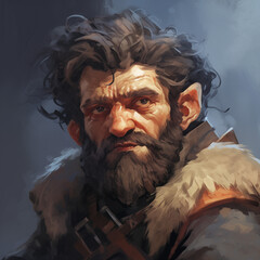 Portrait of a dark-haired male gnome in a cave from a fantasy world.	