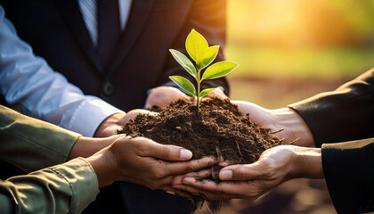 Business people and community members unite to protect a small sprout with their hands, symbolizing collaboration for future environmental conservation and sustainable ESG development
