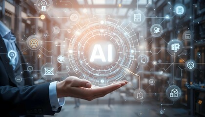 Fototapeta premium Futuristic Concept of Artificial Intelligence (AI) - Businessman Holding a Digital Sphere with AI Technology, Network Connections, and Innovative Icons, Representing Advanced Machine Learning and 