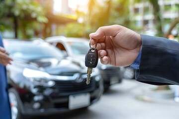Fototapeta premium Real estate agent giving car key to customer