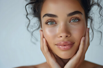 Fototapeta premium beautiful black woman model with fresh skin, showcasing skincare and face care isolated on white background
