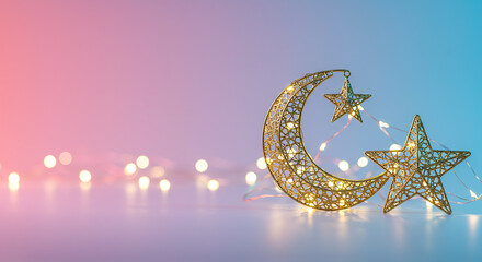 Festive Ramadan Decor Golden Crescent Moon and Stars with Fairy Lights