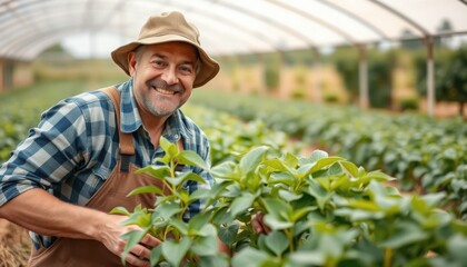 Farmer smiling with his plants.