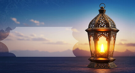 Illuminated Ramadan Lantern at Sunset Festive Islamic Decor Holy Month