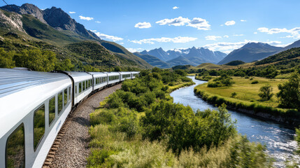Fototapeta premium scenic train journey through picturesque landscapes and mountains