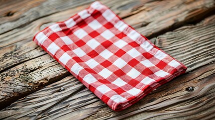 Obraz premium Red checkered tablecloth on a wooden background, top view