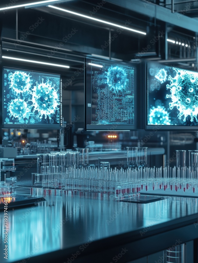 Aufkleber modern laboratory showcasing virus research with glowing monitors and test tubes in a high tech envi