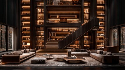 Obraz premium Luxurious room with staircase and bookshelves.