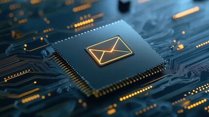 Computer chip with email icon, representing digital communication in modern technology