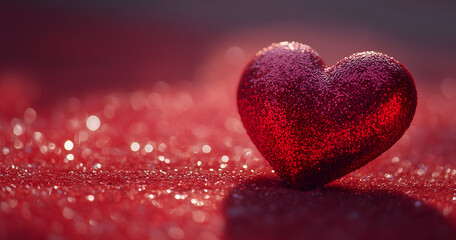 Obraz premium heart-shaped glitter on the red velvet surface, casting an enchanting shadow that adds to its romantic charm. 