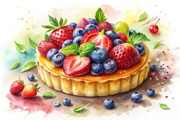 Watercolor Fruit Tart with Berries - Delicious Dessert Art, Colorful Pastry, Culinary Delight, Fresh Ingredients, Artistic Food Photography, Gourmet Treat, Vibrant Colors, Seasonal Fruits, Tart Design