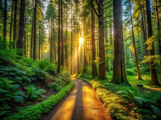 Winding Hiking Trail Through a Dense Forest of Towering Trees - Scenic Nature Pathway with Lush Greenery and Sunlight Filtering Through the Canopy