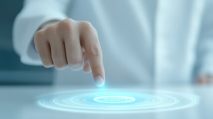 Closeup of hand activating a circular button on sleek, interactive control panel