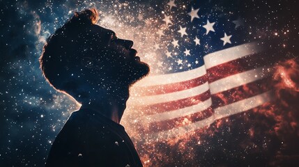 A double exposure of an American man's silhouette filled with the American flag and fireworks in space, cinematic, and hyper-realistic. - Generative AI