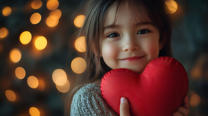 Happy child holding a red heart-shaped pillow, a Valentine's Day concept. 