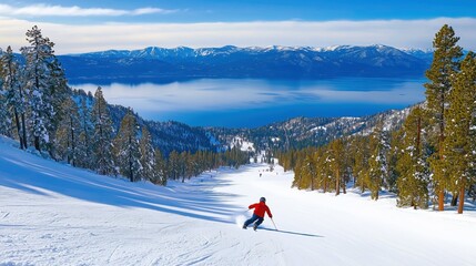 Skiing Down a Snow-Covered Mountain with Crystal Clear Lake and Majestic Pine Trees in the Background
