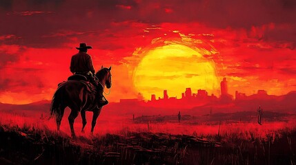 Fototapeta premium Cowboy riding horse at sunset, overlooking a distant city skyline.