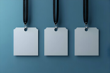 Blank event badges hang on blue wall