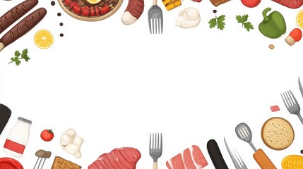 Colorful Border of Various Delicious Foods and Ingredients Perfect for a Culinary Theme, Including Meats, Vegetables, Fruits, and Utensils for Stock Photography