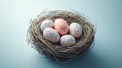 Fototapeta premium Elegant Easter Nest with Pastel Speckled Eggs on Blue Gradient