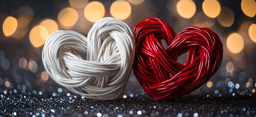Two intertwined white and red heart shapes made of wicker on a shiny, glittery background with bokeh lights for a Valentine's Day celebration