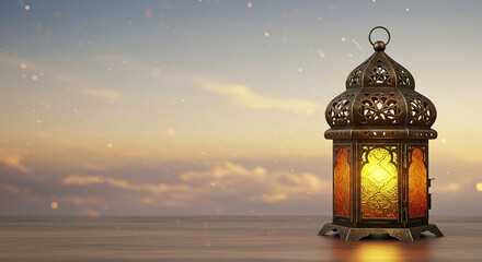Fototapeta premium Illuminated Moroccan Lantern at Sunset Ramadan Festive Decor Holiday