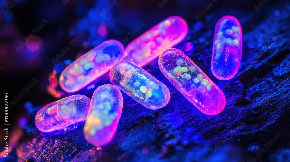 Poster glowing bacteria revealed under ultraviolet light in a darkened environment showcasing their vibrant