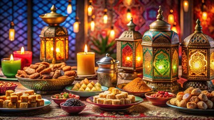 Vibrant Middle Eastern Food Spread with Lanterns and Candles