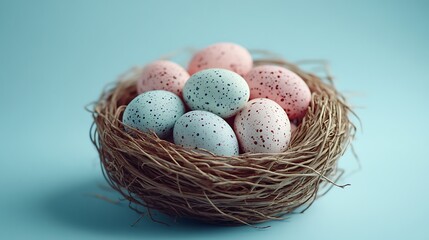 Elegant Easter Nest with Pastel Speckled Eggs on Blue Gradient