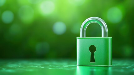 Green padlock on green background, a symbol of security, safety and data protection in digital world