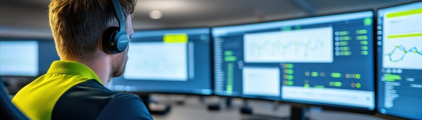 Fototapeta premium Focused man with headphones managing multiple screens in a modern workspace