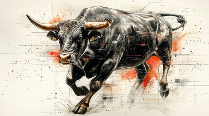 Powerful black bull charging, artistic illustration.
