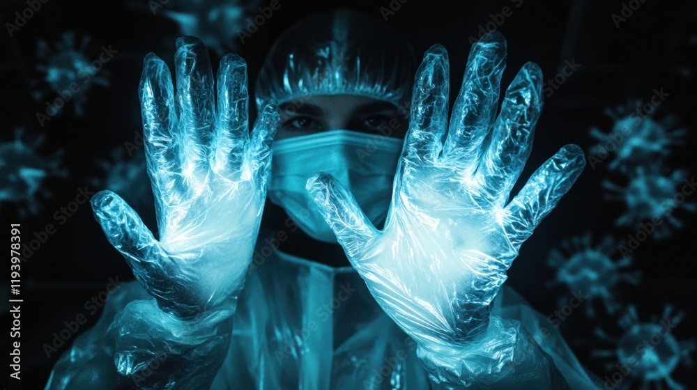 Leinwandbilder protective mask and gloves amidst fading representations of viruses in a dark environment. generativ