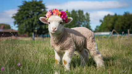 Fototapeta premium Adorable Lamb Wearing a Floral Crown in a Meadow