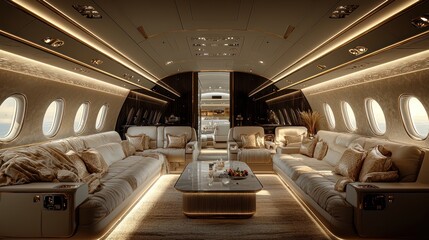 Luxurious interior of a private jet lounge.