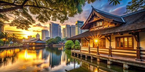 Obraz premium Serene Sunset Reflection Over Traditional Pavilion in Urban Park