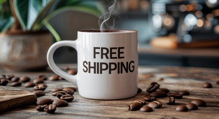 free shipping lettering on coffee mug at table