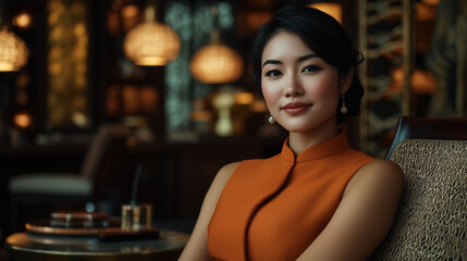 An elegant Asian woman in 1960s attire lounging at a luxurious spa surrounded by dim lighting and...